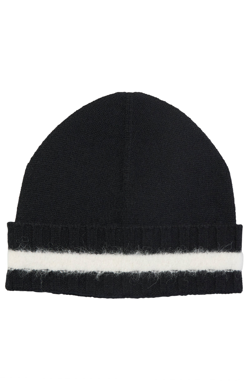 CASHMERE RIB FUZZY STRIPE CUFF SLOUCHY HAT in black