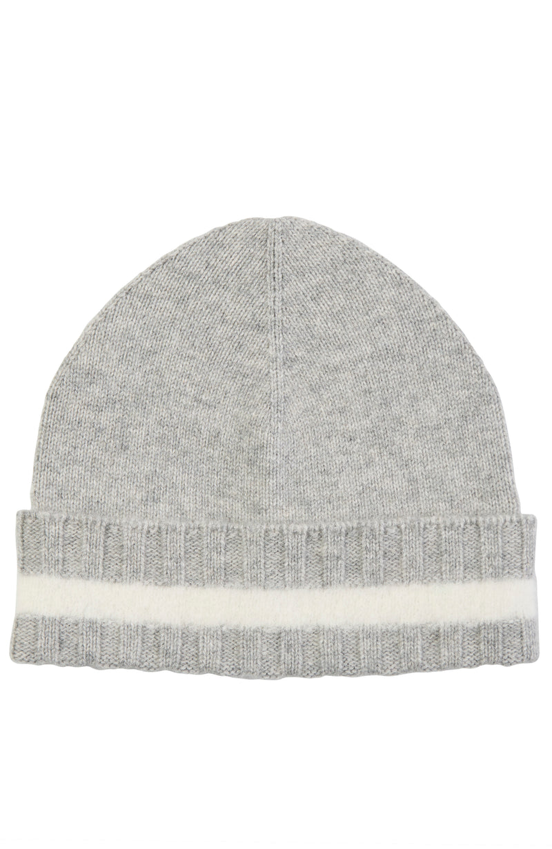 CASHMERE RIB FUZZY STRIPE CUFF SLOUCHY HAT in light grey