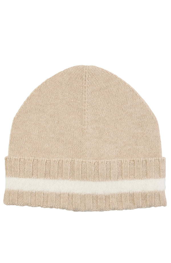 CASHMERE RIB FUZZY STRIPE CUFF SLOUCHY HAT in natural