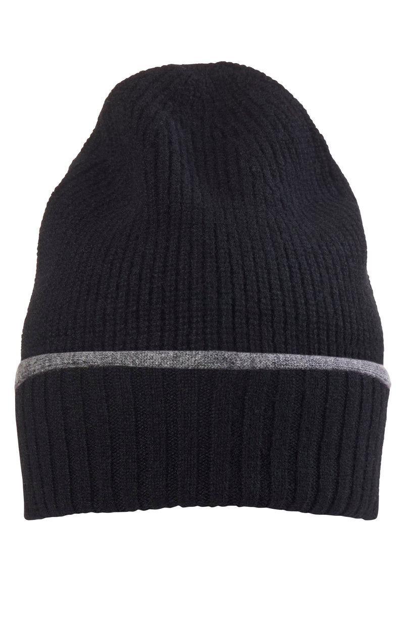 CASHMERE RIBBED BEANIE WITH TIPPED CUFF in black/grey