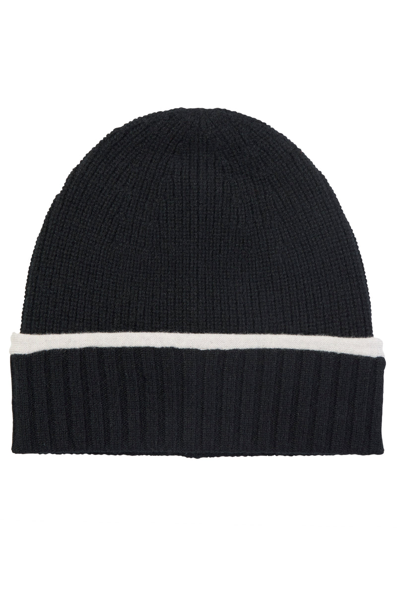 CASHMERE RIBBED BEANIE WITH TIPPED CUFF in black/white