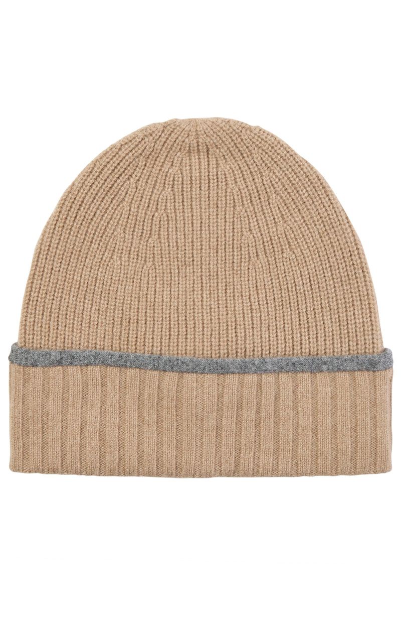 CASHMERE RIBBED BEANIE WITH TIPPED CUFF in camel