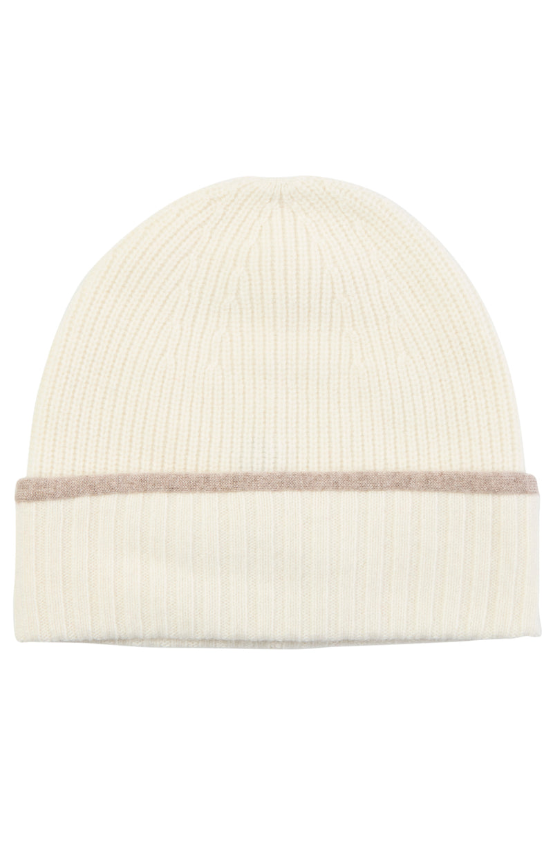 CASHMERE RIBBED BEANIE WITH TIPPED CUFF in ivory