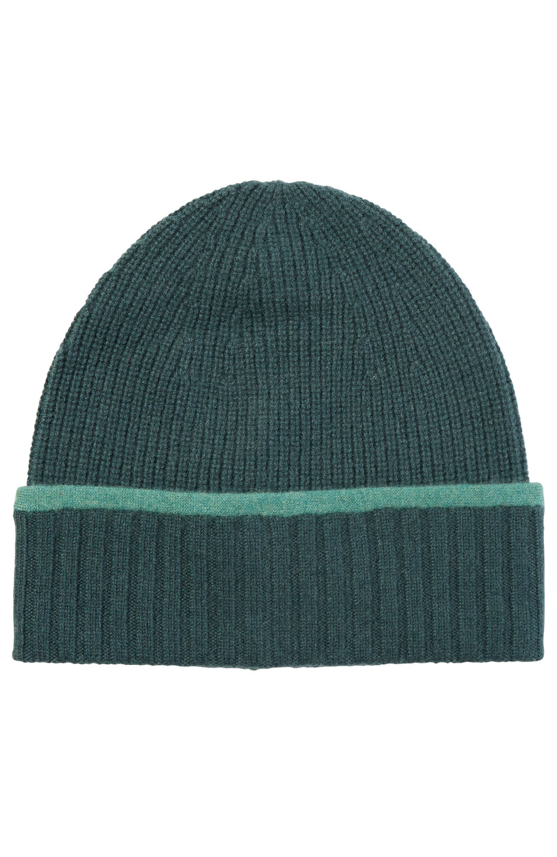 CASHMERE RIBBED BEANIE WITH TIPPED CUFF in spruce