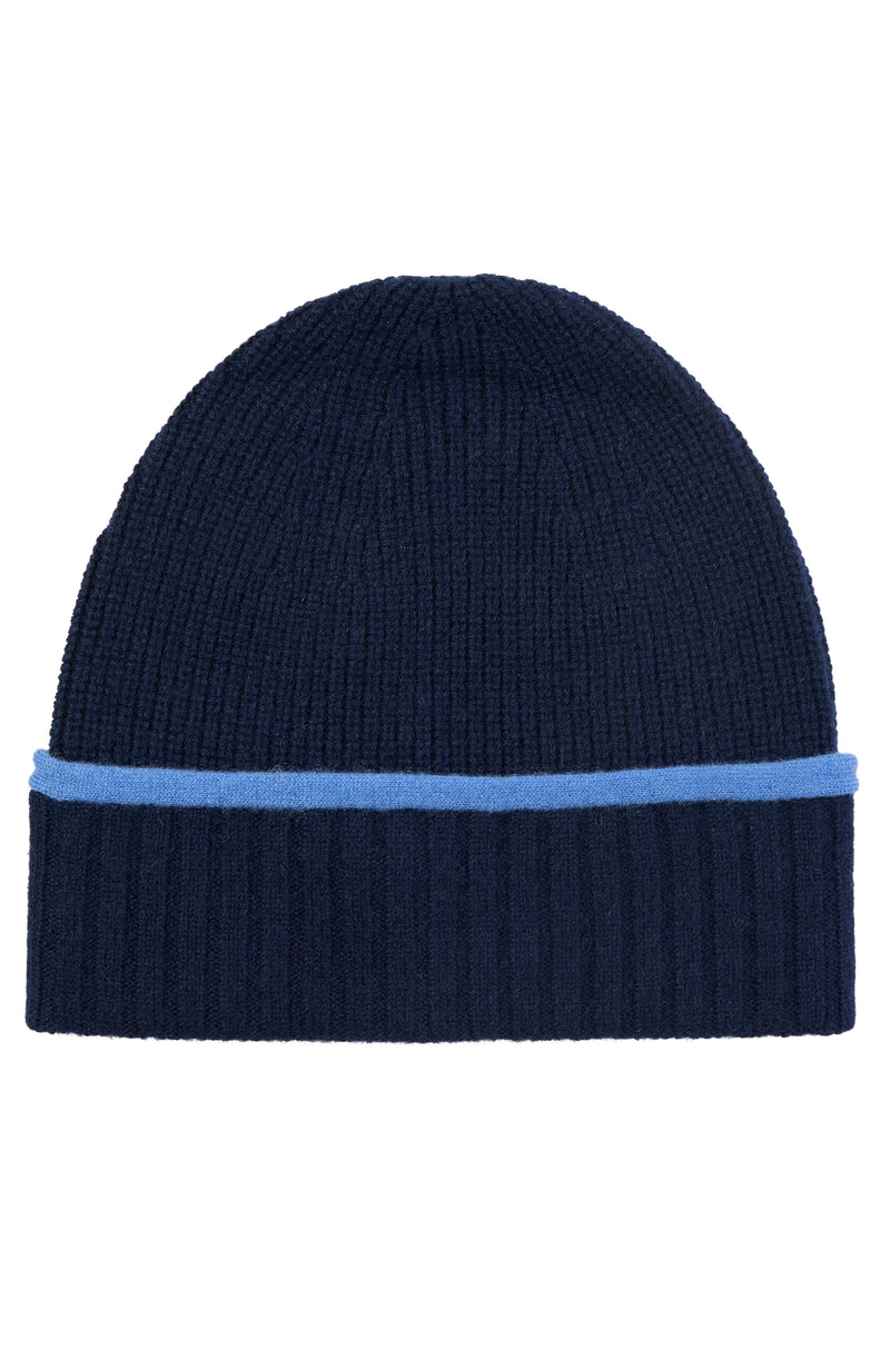 CASHMERE RIBBED BEANIE WITH TIPPED CUFF in navy