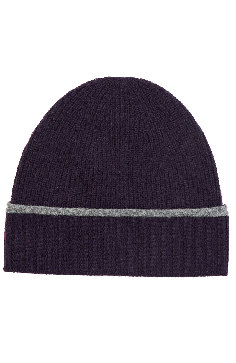 CASHMERE RIBBED BEANIE WITH TIPPED CUFF in dark currant