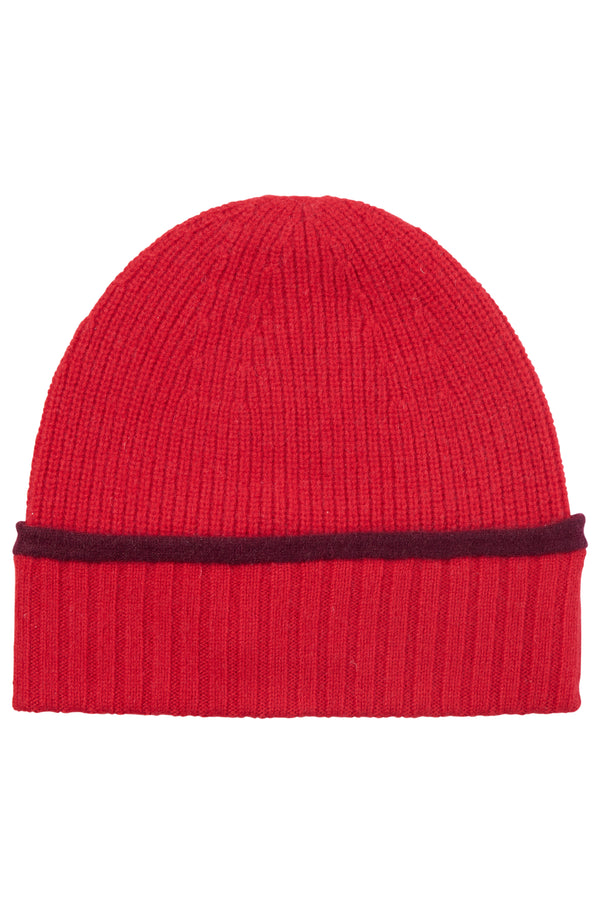 CASHMERE RIBBED BEANIE WITH TIPPED CUFF in red