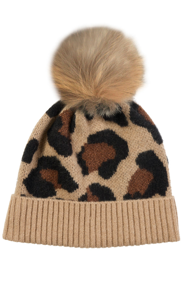 CASHMERE CHEETAH CUFFED HAT WITH SHEARLING POM in camel