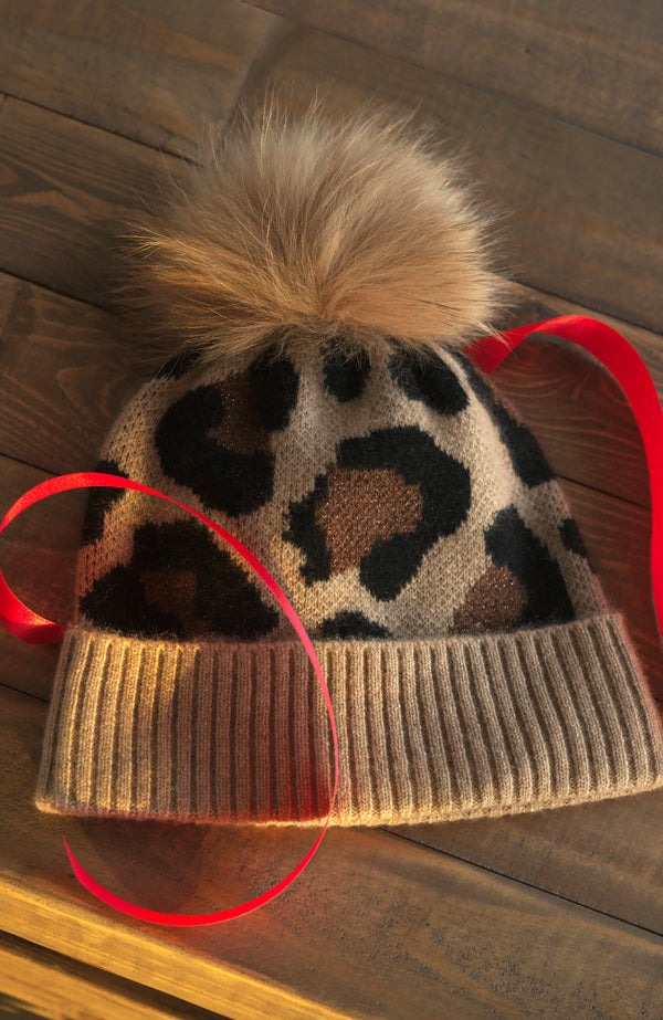 CASHMERE CHEETAH CUFFED HAT WITH SHEARLING POM in camel