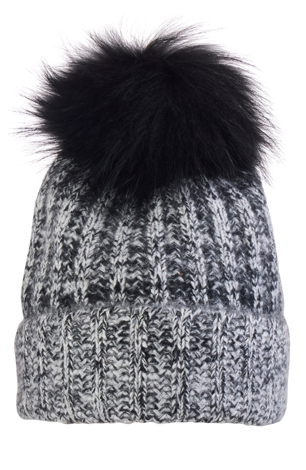 CASHMERE MARL LADDERSTICH FOX POM HAT in black