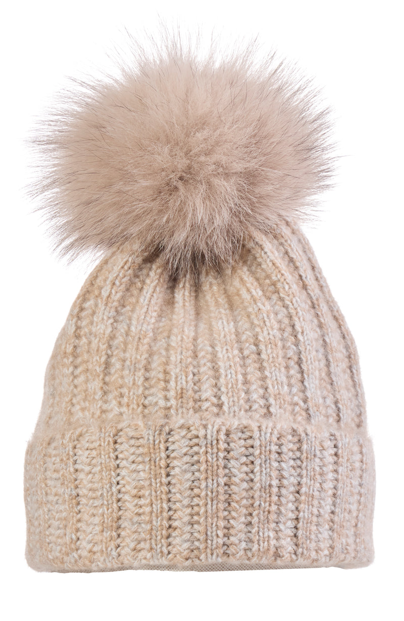 CASHMERE MARL LADDERSTICH FOX POM HAT in oat