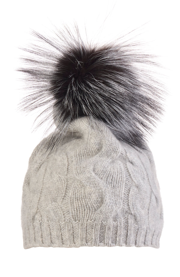 CASHMERE CABLE SLOUCHY HAT WITH FOX POM in grey