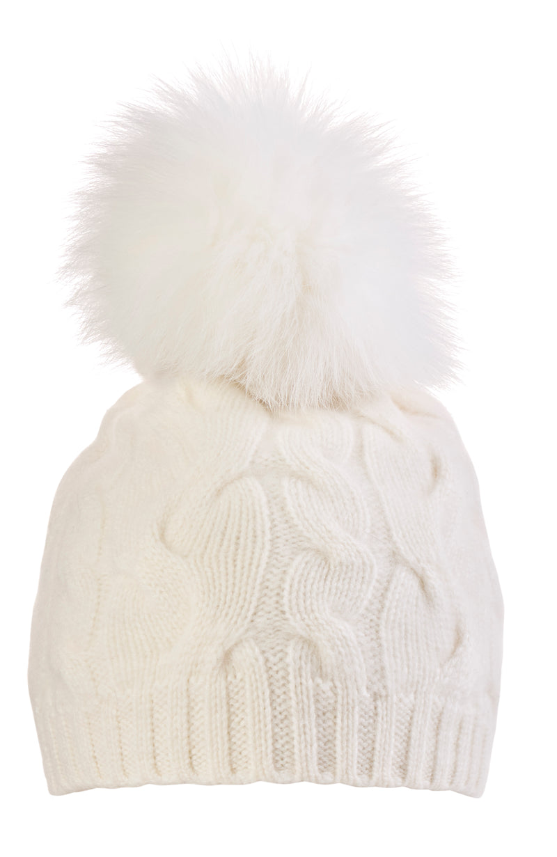 CASHMERE CABLE SLOUCHY HAT WITH FOX POM in ivory