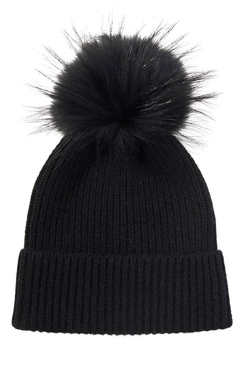 CASHMERE CHUNKY RIB KNIT HAT WITH FOX POM in black