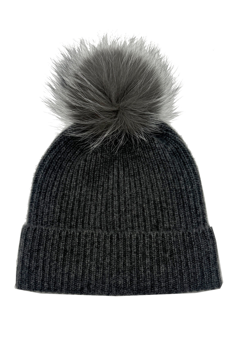 CASHMERE CHUNKY RIB KNIT HAT WITH FOX POM in grey