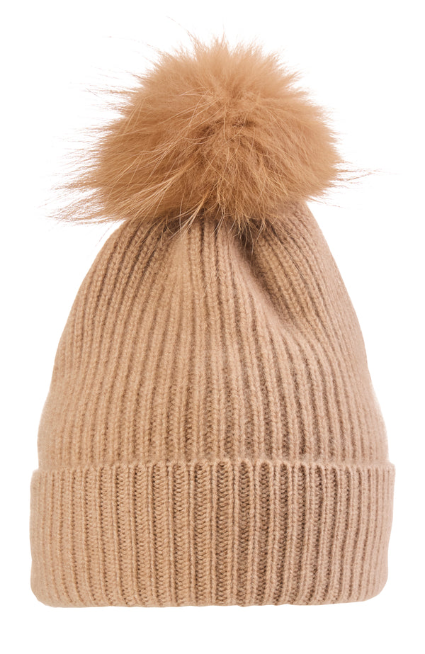 CASHMERE CHUNKY RIB KNIT HAT WITH FOX POM in camel