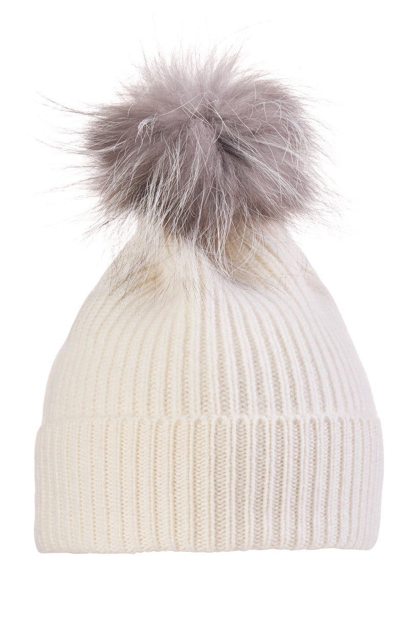 CASHMERE CHUNKY RIB KNIT HAT WITH FOX POM in ivory/silver