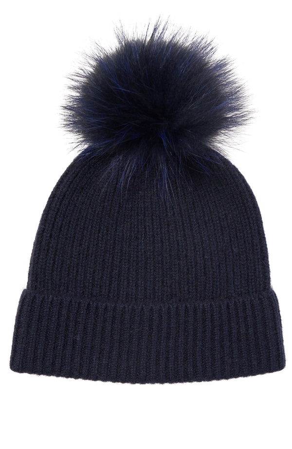 CASHMERE CHUNKY RIB KNIT HAT WITH FOX POM in navy