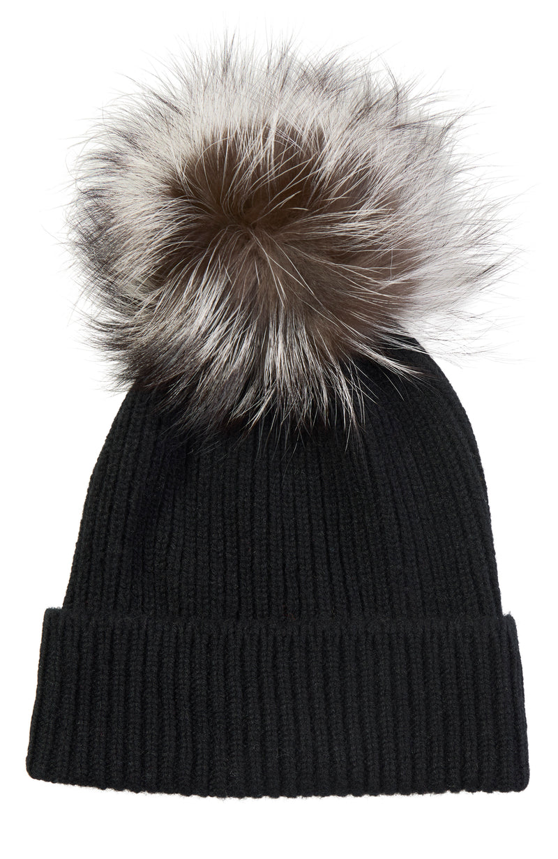 CASHMERE CHUNKY RIB KNIT HAT WITH FOX POM in black/silver