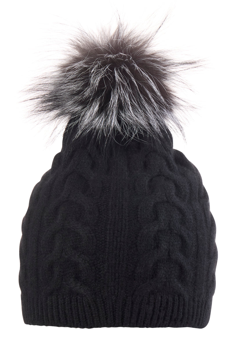 CASHMERE CABLE KNIT HAT WITH FOX POM in black