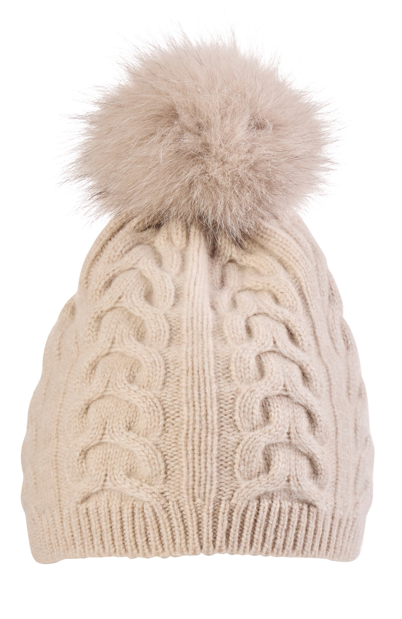 CASHMERE CABLE KNIT HAT WITH FOX POM in oat