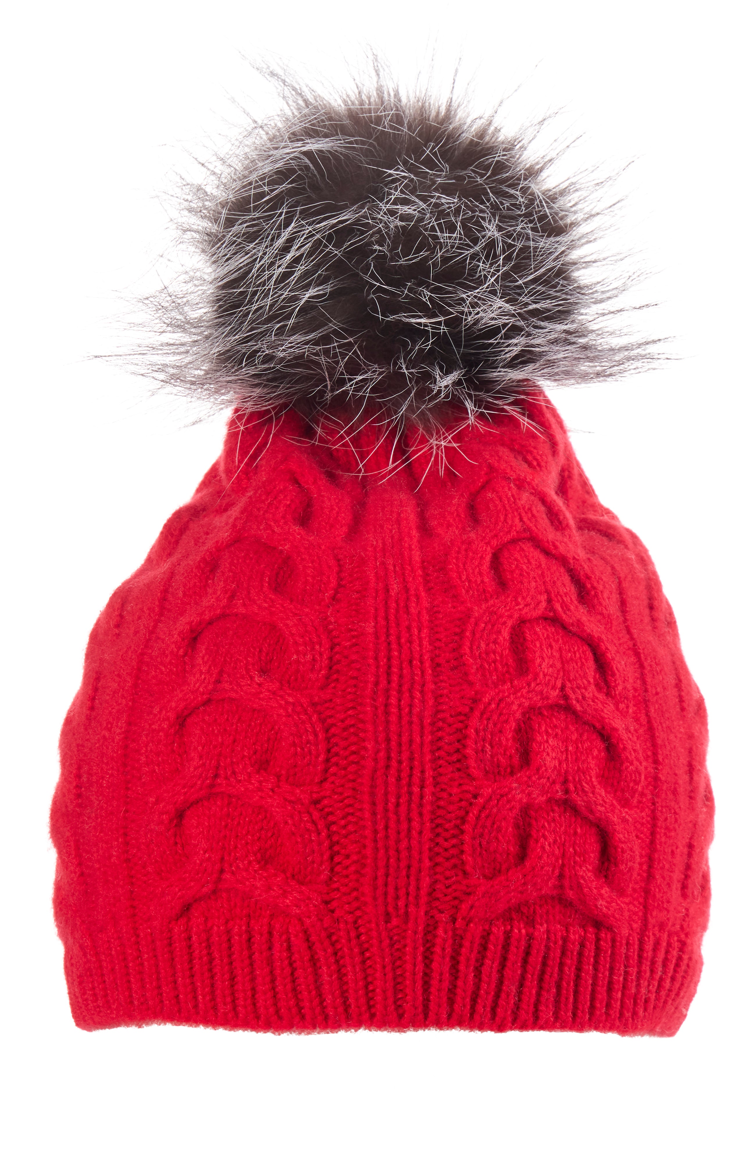 AMICALE Red Cashmere Shearling Pom newest Pom Cableknit Beanie Hat $195