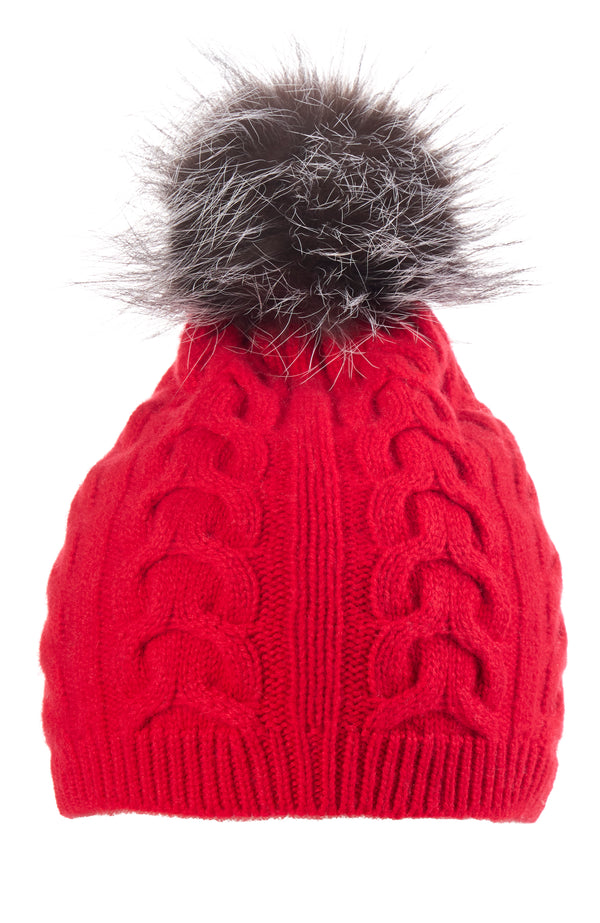 CASHMERE CABLE KNIT HAT WITH FOX POM in red