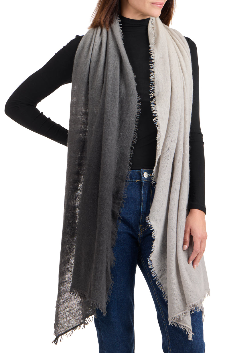 model wearing CASHMERE FELTED DIP DYE SCARF WITH FRINGE in charcoal-grey