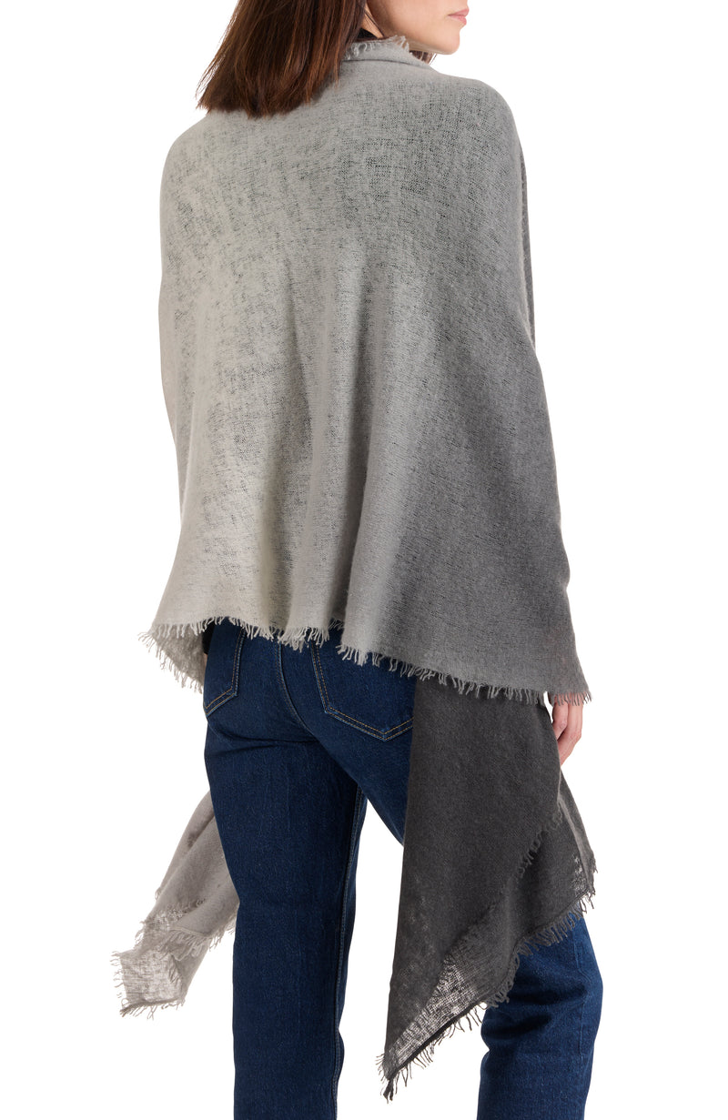 model wearing CASHMERE FELTED DIP DYE SCARF WITH FRINGE in charcoal-grey