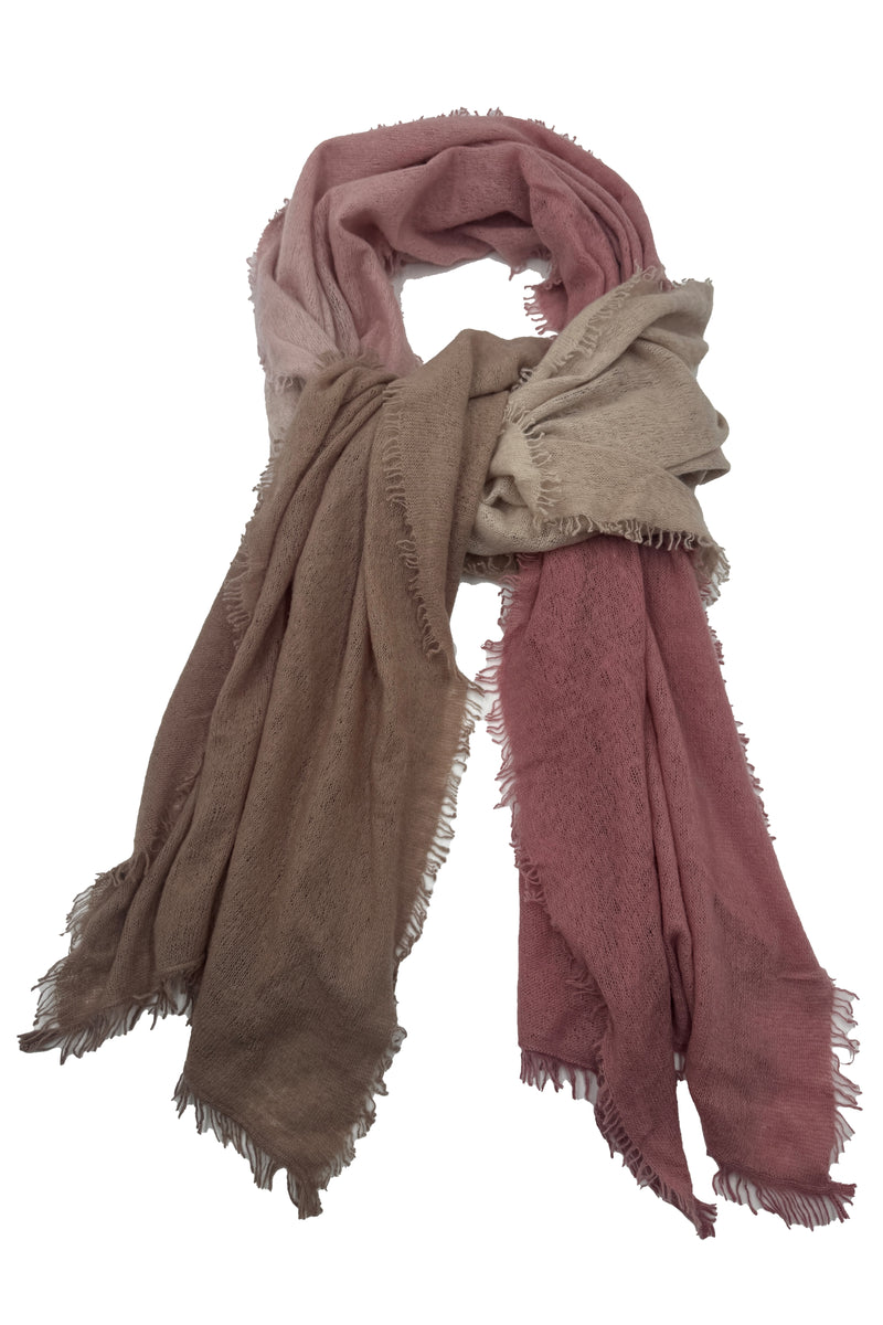 model wearing CASHMERE FELTED DIP DYE SCARF WITH FRINGE in camel-pink