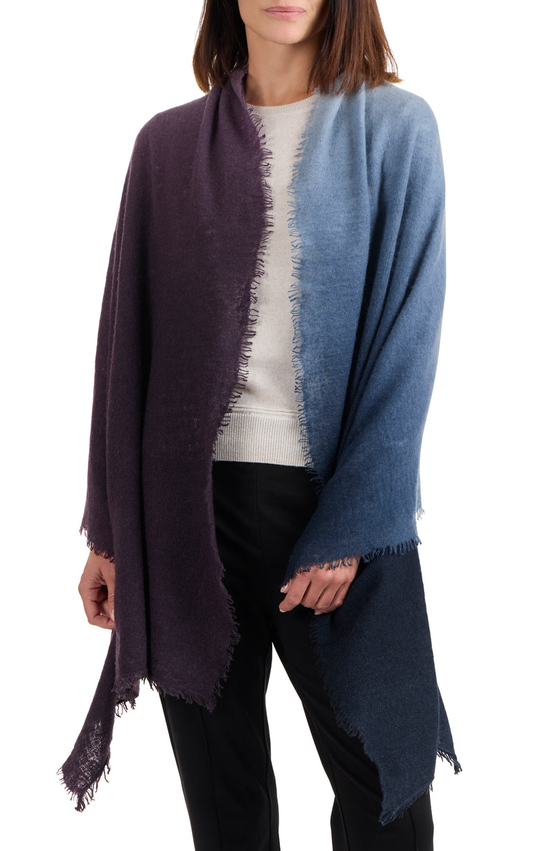 model wearing CASHMERE FELTED DIP DYE SCARF WITH FRINGE in dark currant-navy