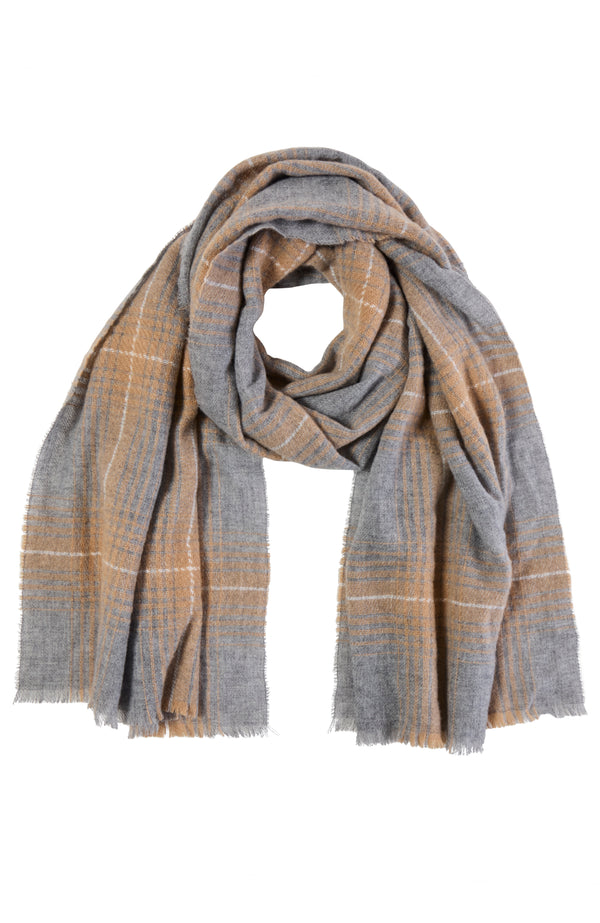 CASHMERE LIGHTWEIGHT EXPLODED PLAID WOVEN SCARF in camel