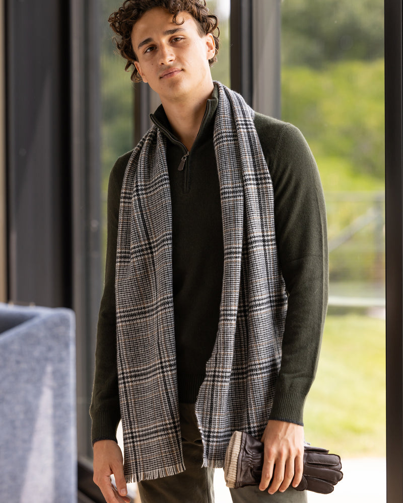 man wearing CASHMERE WINDOW PANE PLAID WOVEN SCARF in black