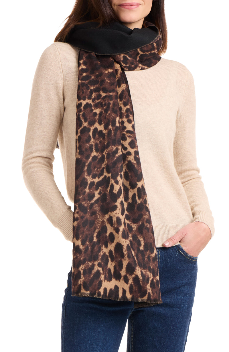 model wearing PRINTED CHEETAH DOUBLEFACE SCARF in camel black