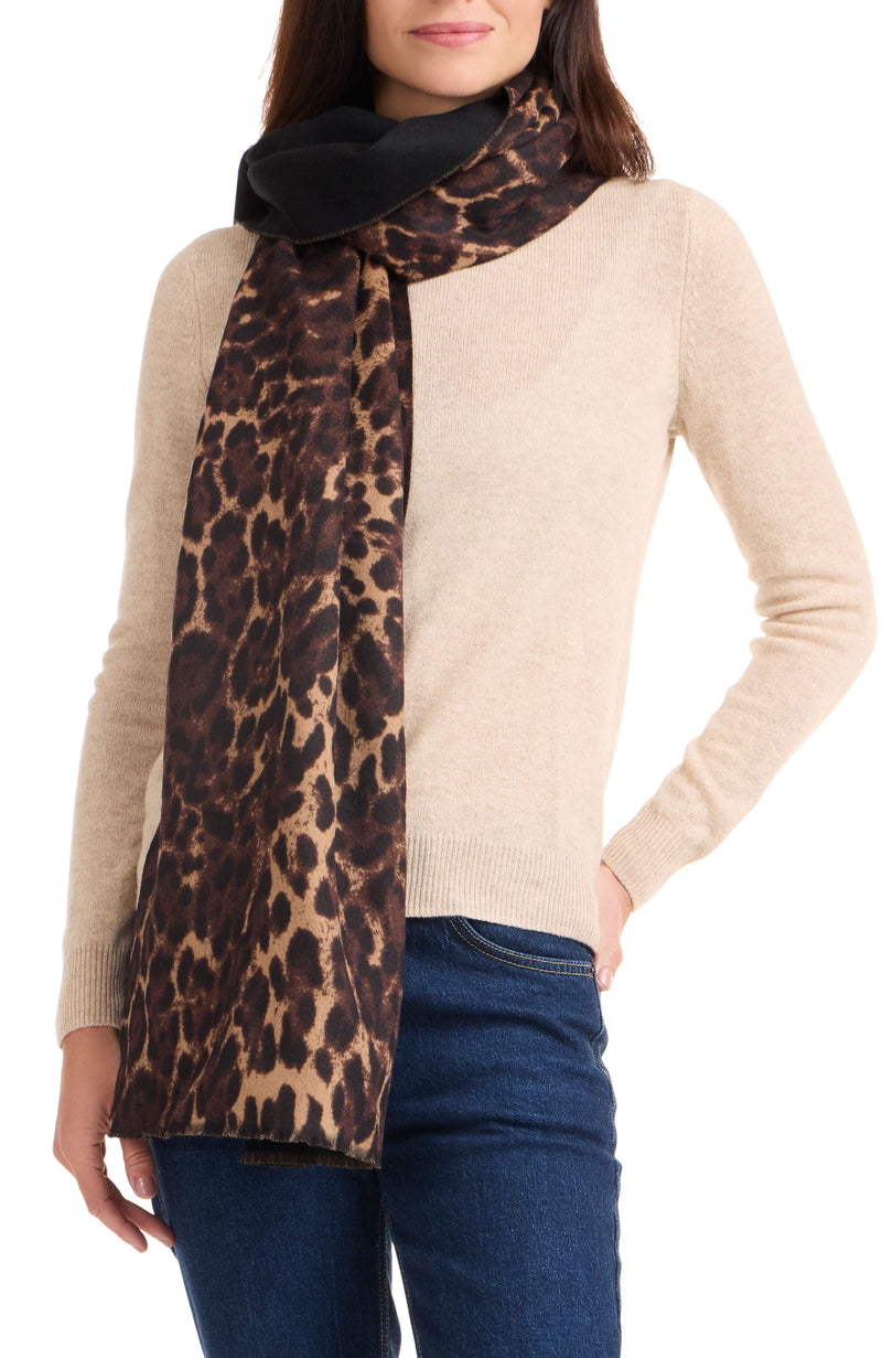 model wearing PRINTED CHEETAH DOUBLEFACE SCARF in camel black