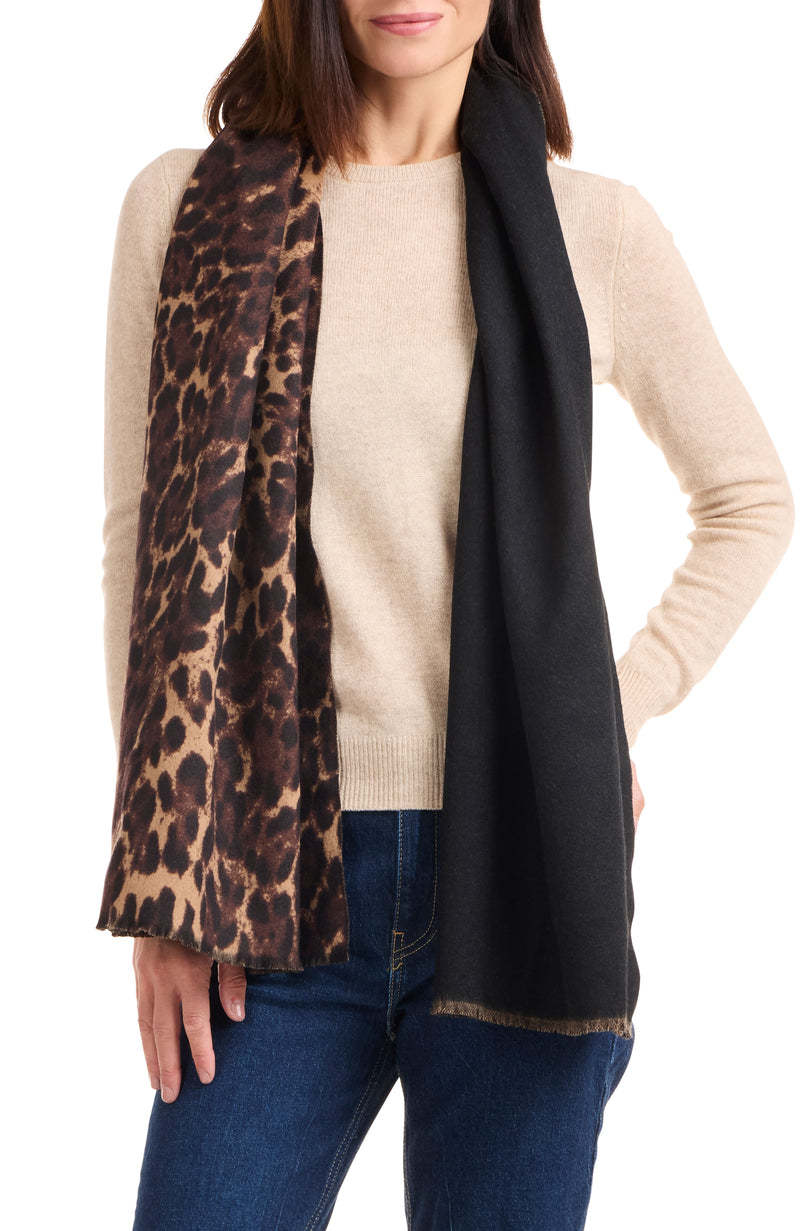 model wearing PRINTED CHEETAH DOUBLEFACE SCARF in camel black