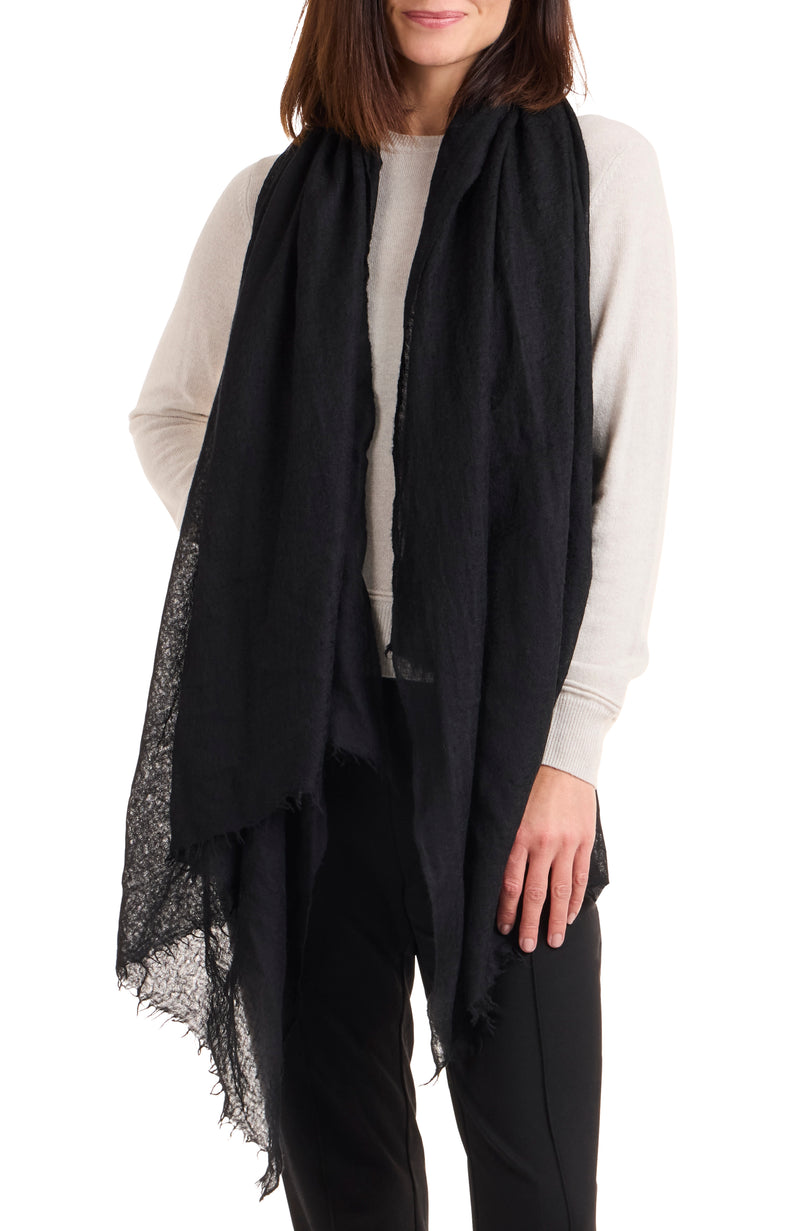 model wearing CASHMERE WOVEN FELTED SHAWL in black