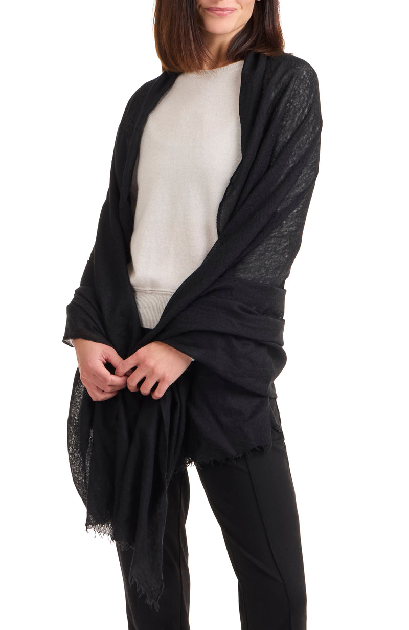 model wearing CASHMERE WOVEN FELTED SHAWL in black