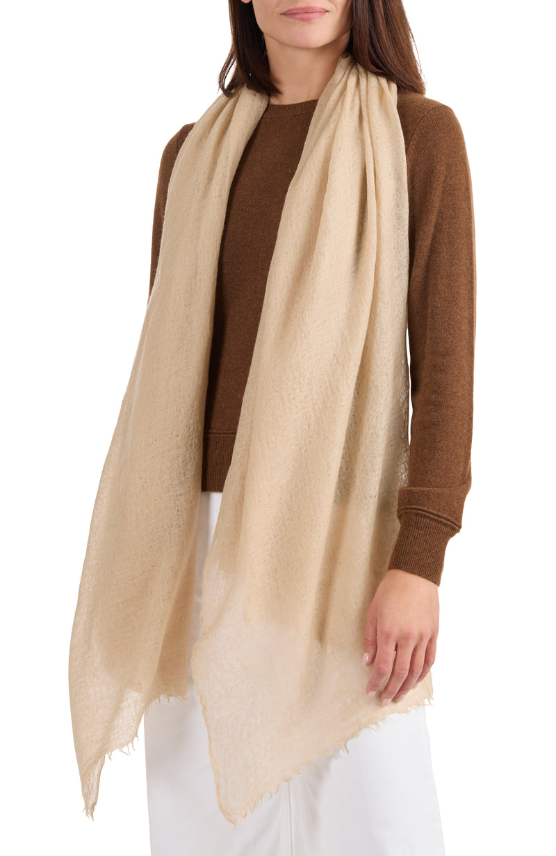 model wearing CASHMERE WOVEN FELTED SHAWL in oat