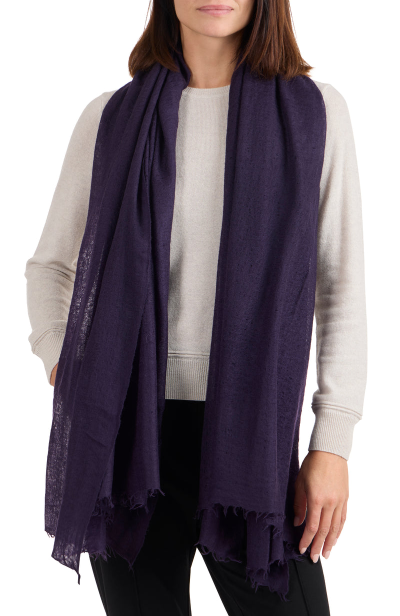 model wearing CASHMERE WOVEN FELTED SHAWL in dark currant