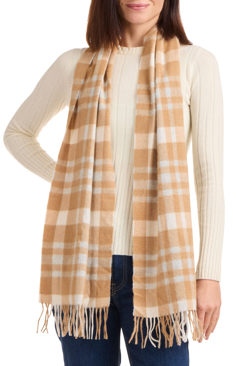 model wearing CASHMERE EXPLODED PLAID SCARF in camel