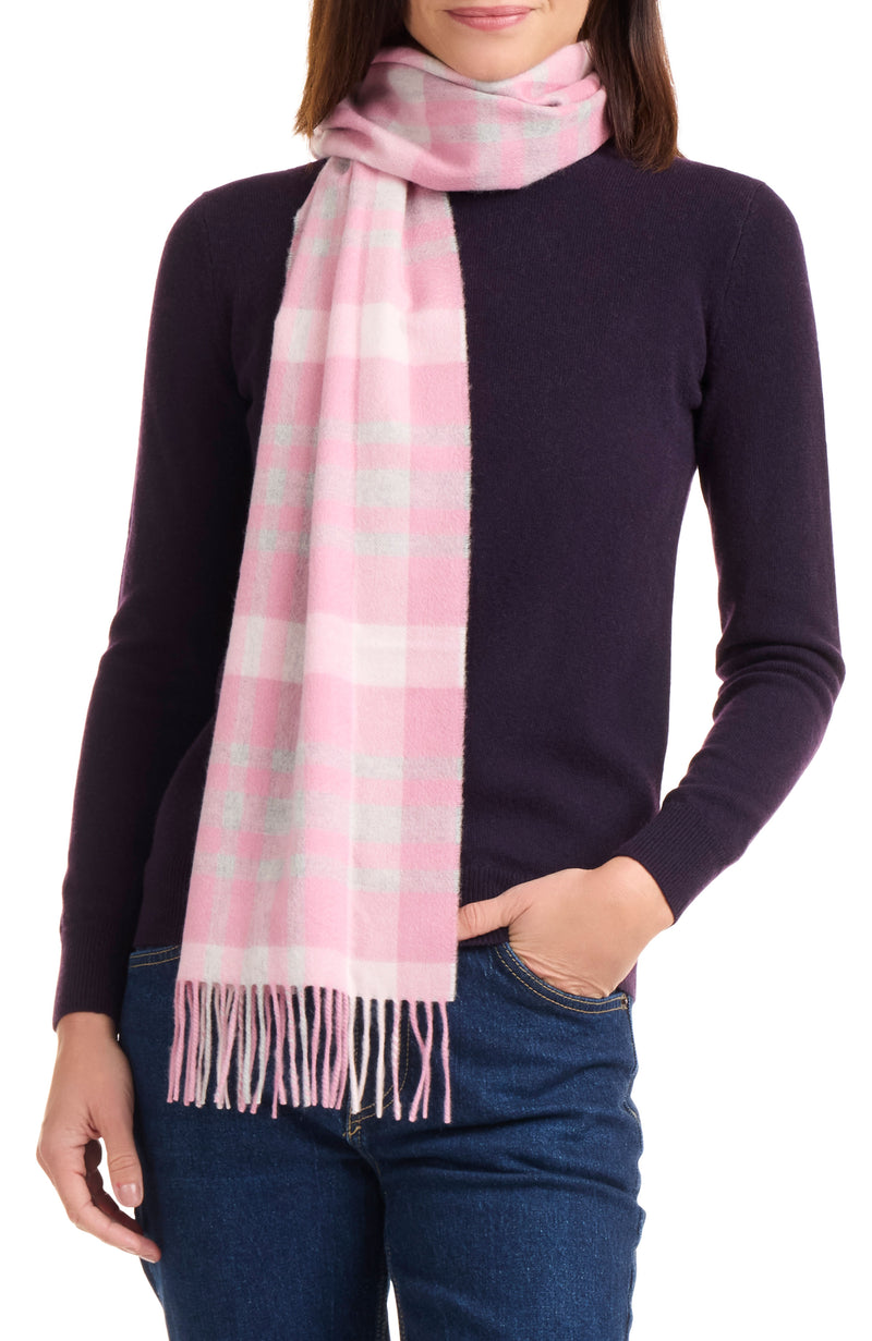 model wearing CASHMERE EXPLODED PLAID SCARF in pink