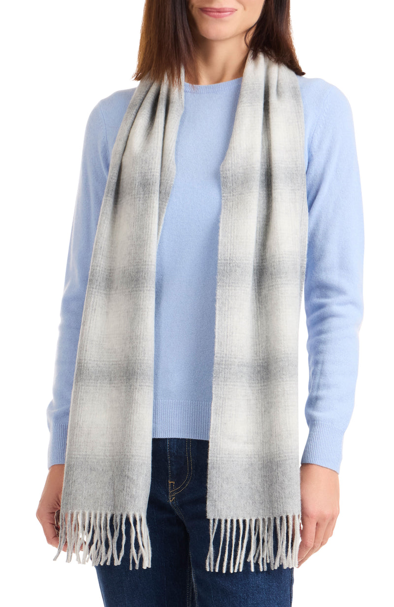 model wearing CASHMERE OMBRE WINDOWPANE SCARF in grey multi