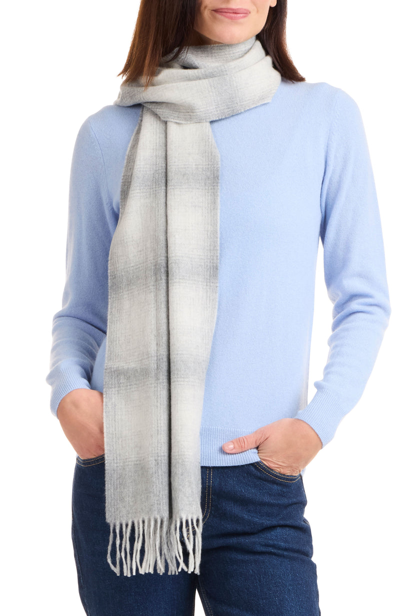 model wearing CASHMERE OMBRE WINDOWPANE SCARF in grey multi