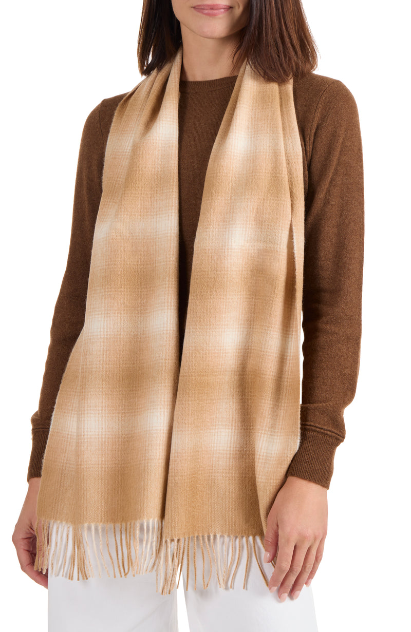 model wearing CASHMERE OMBRE WINDOWPANE SCARF in camel