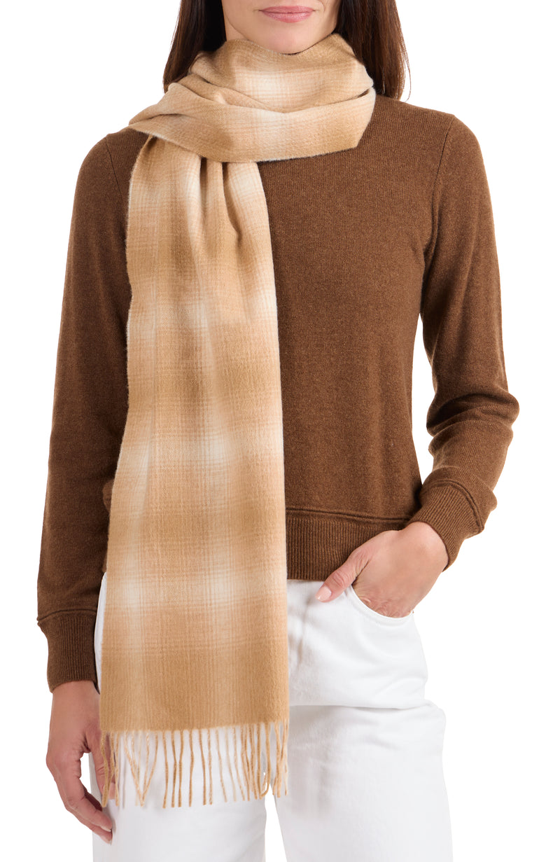 model wearing CASHMERE OMBRE WINDOWPANE SCARF in camel