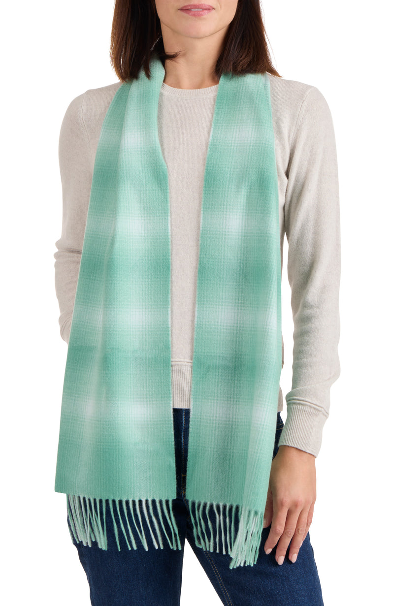 model wearing CASHMERE OMBRE WINDOWPANE SCARF in green