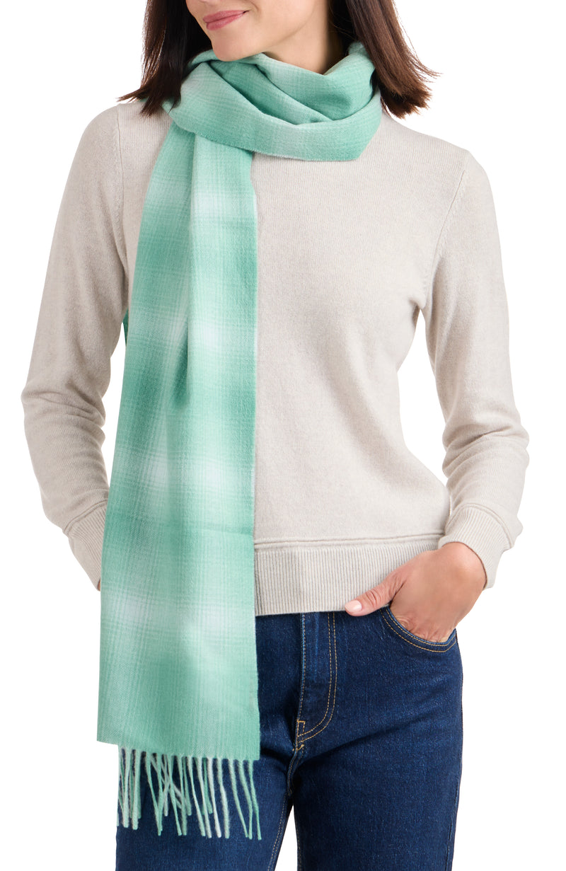 model wearing CASHMERE OMBRE WINDOWPANE SCARF in green