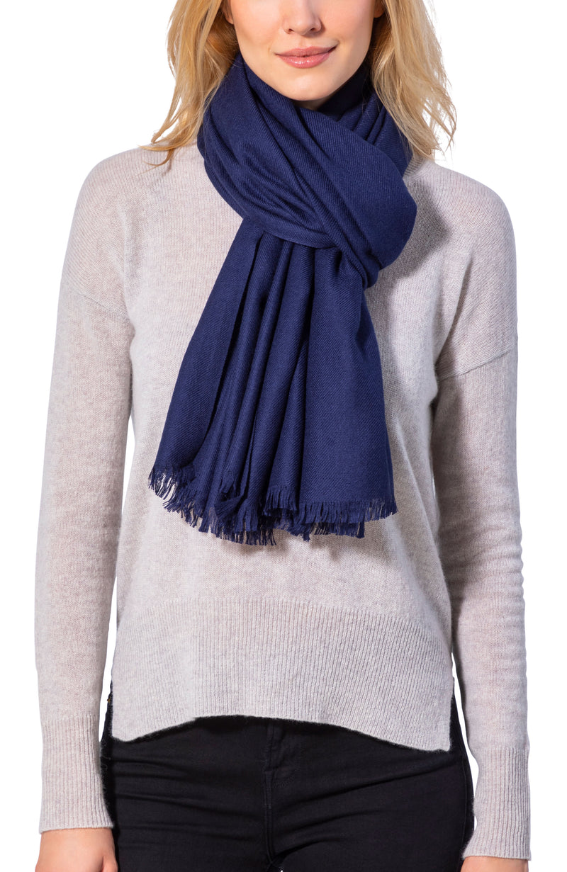 model wearing CASHMERE BLEND SOLID WRAP in navy