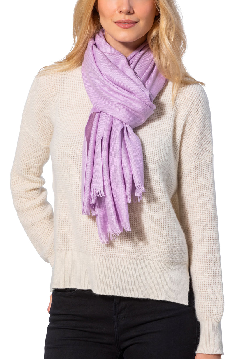 model wearing CASHMERE BLEND SOLID WRAP in light purple